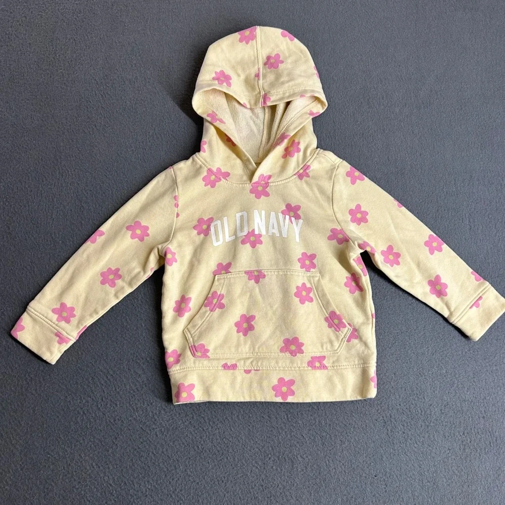 Old Navy Hoodie Girls 2T Yellow Pink Floral Logo Fleece Pullover Sweatshirt